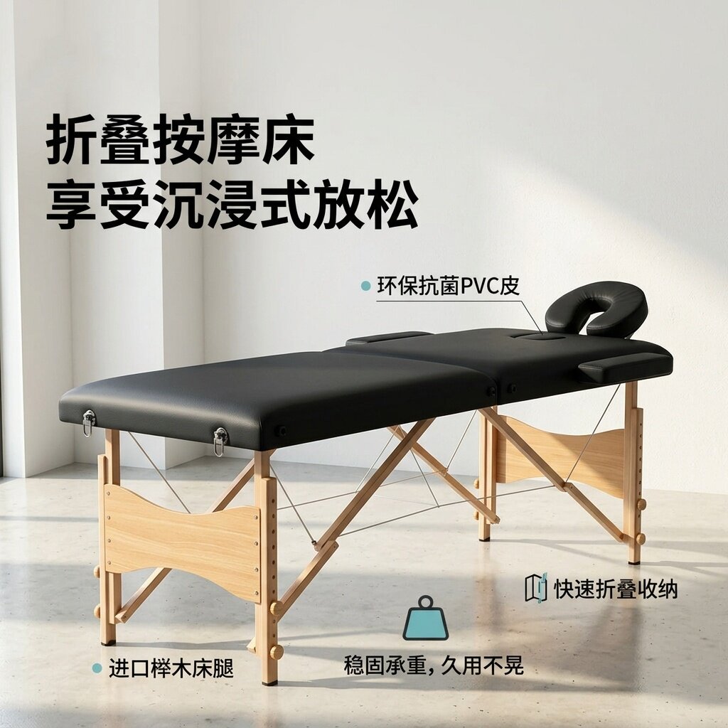 跨境两折叠便携式 加固榉木按摩床 黑色美容折叠床推拿居家按摩床