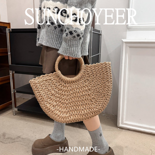 手提编织大容量休闲包夏日海滩度假风海边纸绳包森系月亮草编包