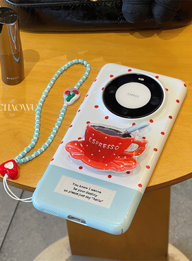 韩国ins红色小波点咖啡支架适用mate60pro华为手机壳mate50/40菲林Pura70硬壳nova12/11/10女款p60/p50/p40