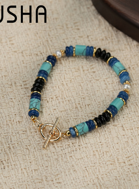 玛瑙珍珠手链蓝色百搭绿色简约彩色手作拼接 AC966