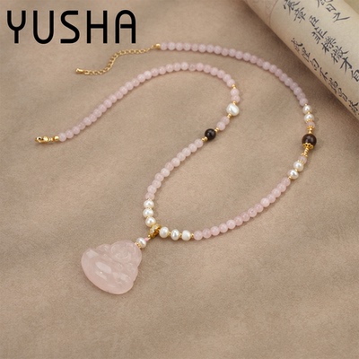 粉水晶佛公项链珍珠简约手工气质时尚百搭复古 AS650