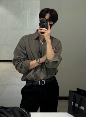 MYQ男士长袖衬衫秋季宽松韩系高级感寸衫老钱风休闲纯色衬衣服