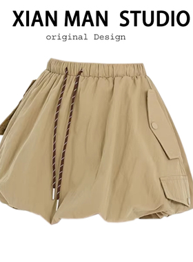 卡其色工装裙半身裙女夏季小个子高腰蓬蓬裙设计感a字花苞短裙子