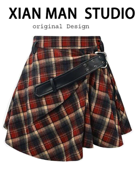 【摇滚甜心】低糖朋克 复古红黑格纹甜美酷飒短裙女春秋显瘦半裙