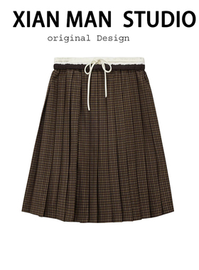 撞色双腰头  经典时髦百搭格纹抽绳设计感拼接复古百褶半身中长裙