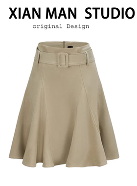 韩系重工覆古仿麂皮插片式半身裙秋冬灵动荷叶边美拉德大摆鱼尾裙