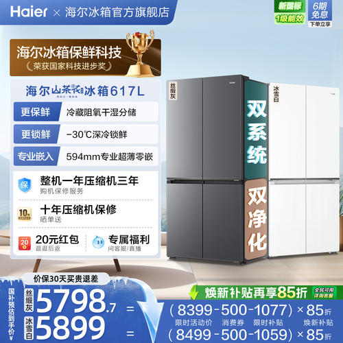 海尔山茶花MAX 617L超薄零嵌双系统双除菌大容量双开四门电冰箱