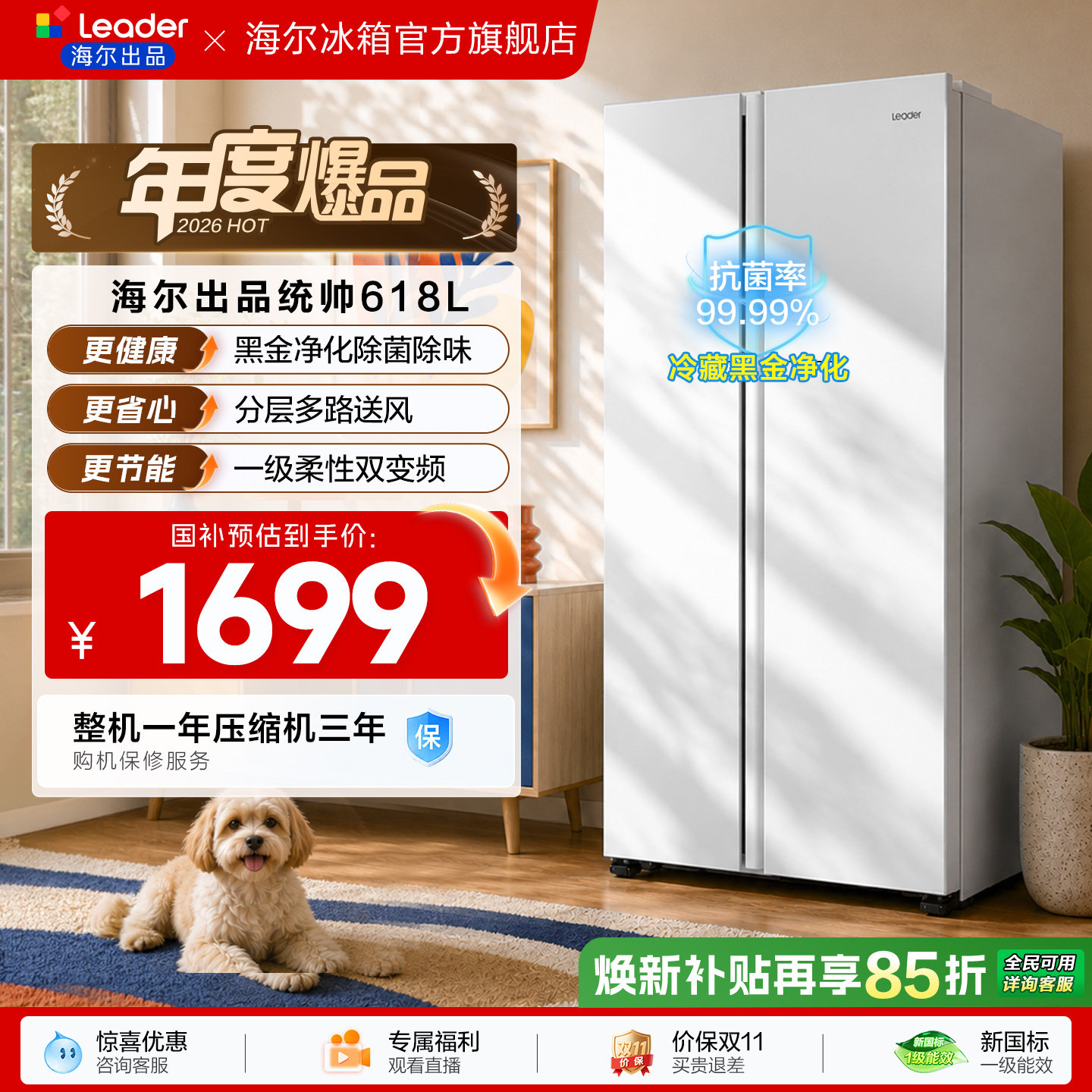 国家补贴海尔出品统帅618L双开对开门大容量无霜一级变频家用冰箱