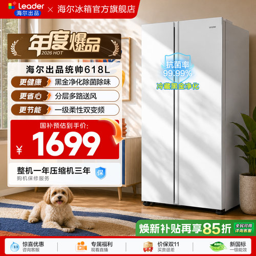 国家补贴海尔出品统帅618L双开对开门大容量无霜一级变频家用冰箱