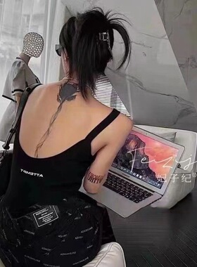 性感露背字母印花吊带背心女黑色带杯垫内搭外穿显瘦美背