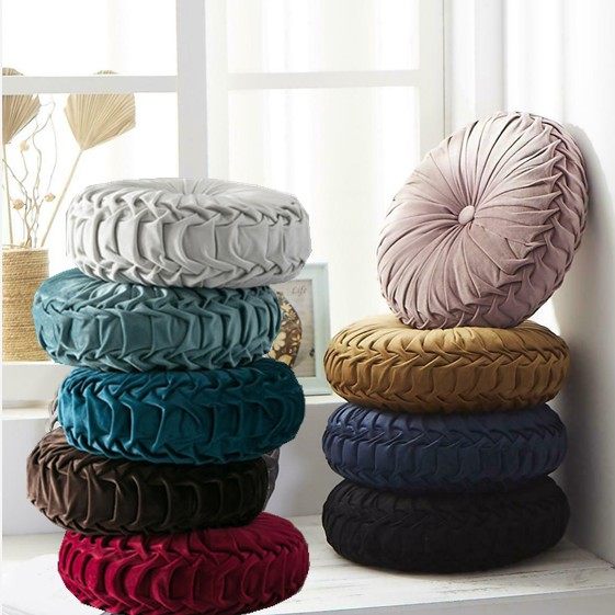 圆形抱枕靠腰背枕头垫背垫子睡枕褶皱金丝天鹅绒花纹沙发汽车客厅