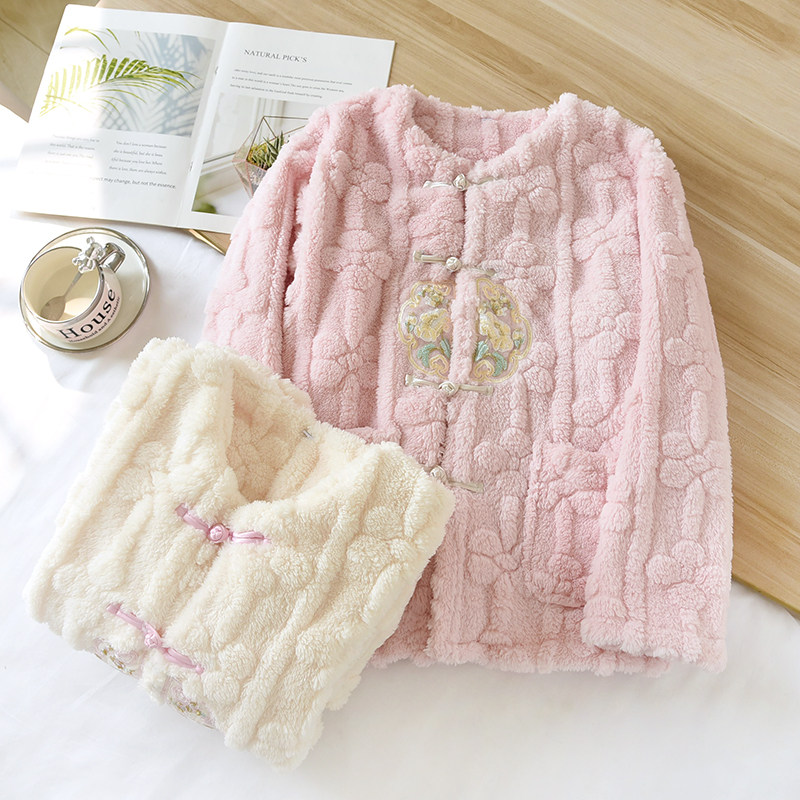 女法兰绒上衣睡衣家居服加厚冬季