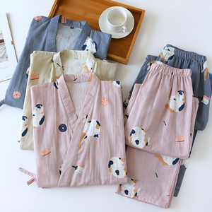 简约和服纱布睡衣男女款夏套装纯棉棉纱薄款情侣春秋宽松家居服薄