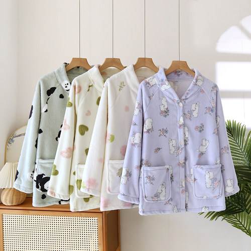 女法兰绒睡衣套上衣家居服上衣厚