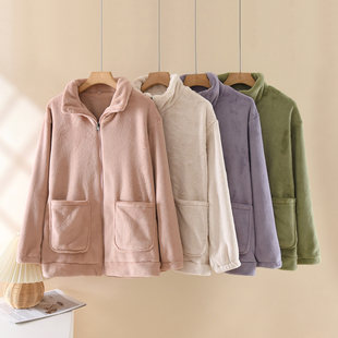 拉链单件上衣睡衣女款冬季珊瑚绒加厚秋冬法兰绒可外穿冬款家居服