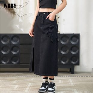 春夏初秋天黑色牛仔半身裙女2024早秋季新款小个子A字中长款显瘦