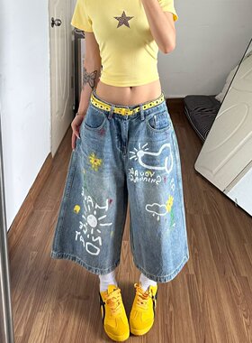 美式复古风卡通涂鸦印花牛仔裤男女2026夏季新款高级感阔腿七分裤