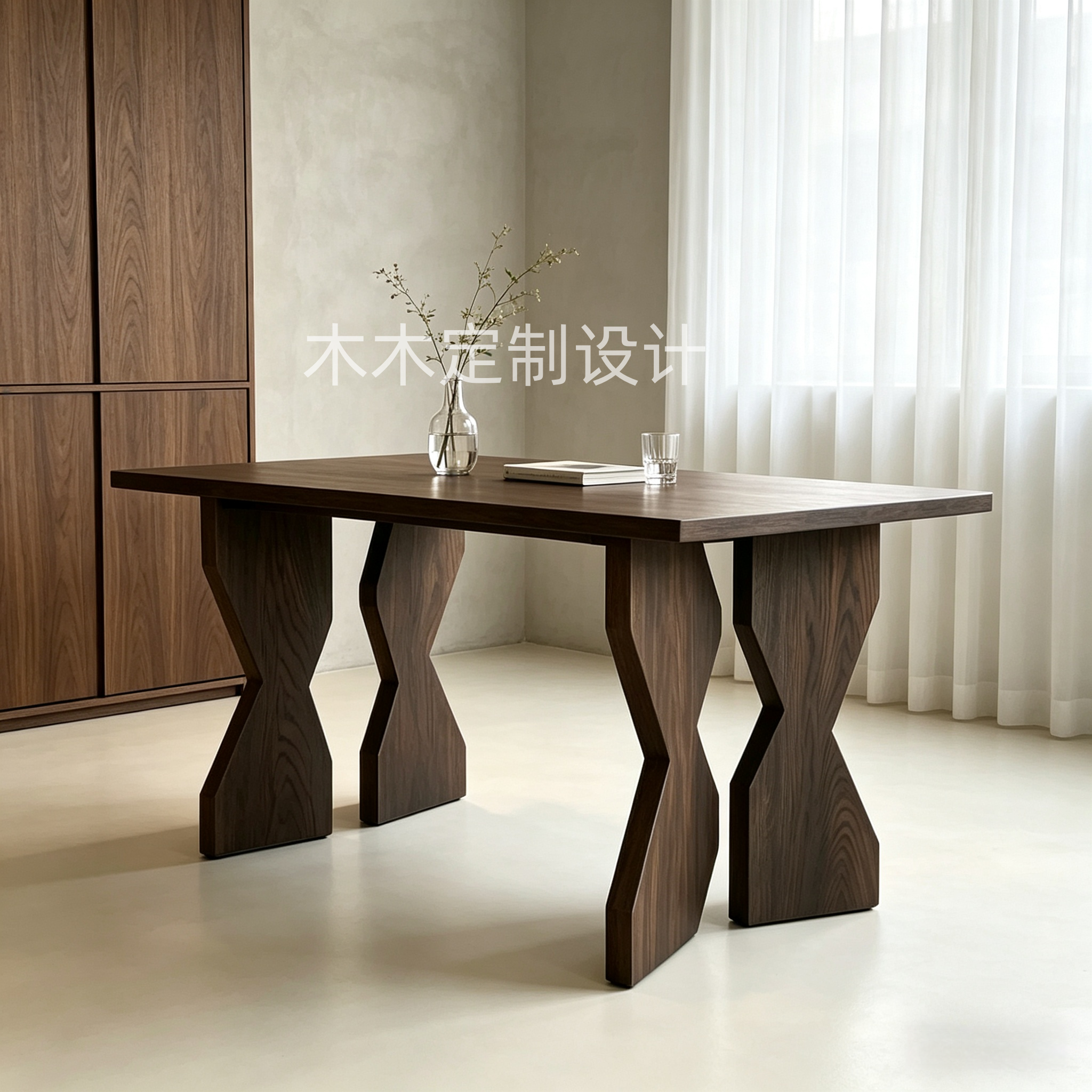 北欧实木餐桌设计师款简约侘寂风家用办公桌岛台胡桃色长方形桌子