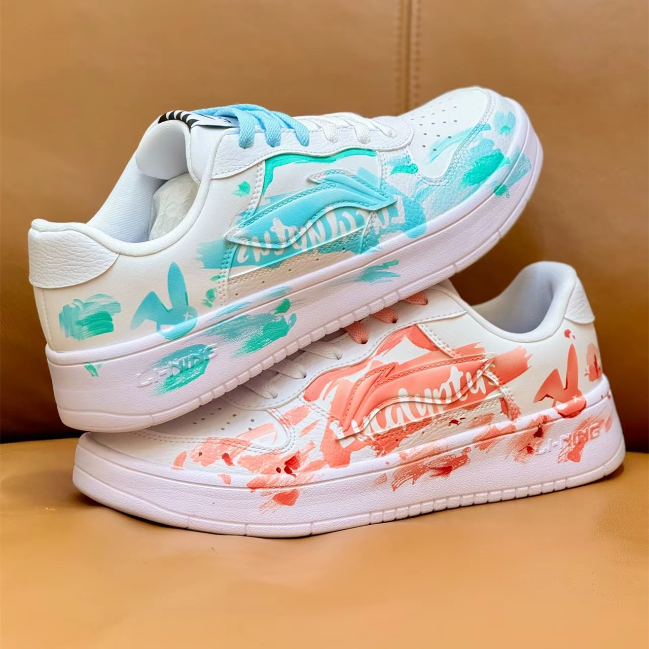 定制球鞋LiNing李宁 浮舟 泼溅国潮 镭射潮流 鸳鸯低帮男子板鞋