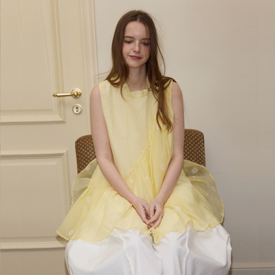 【小敏阿姨】COINROVA黄蓝小立领不对称褶皱荷叶边背心莱赛尔上衣