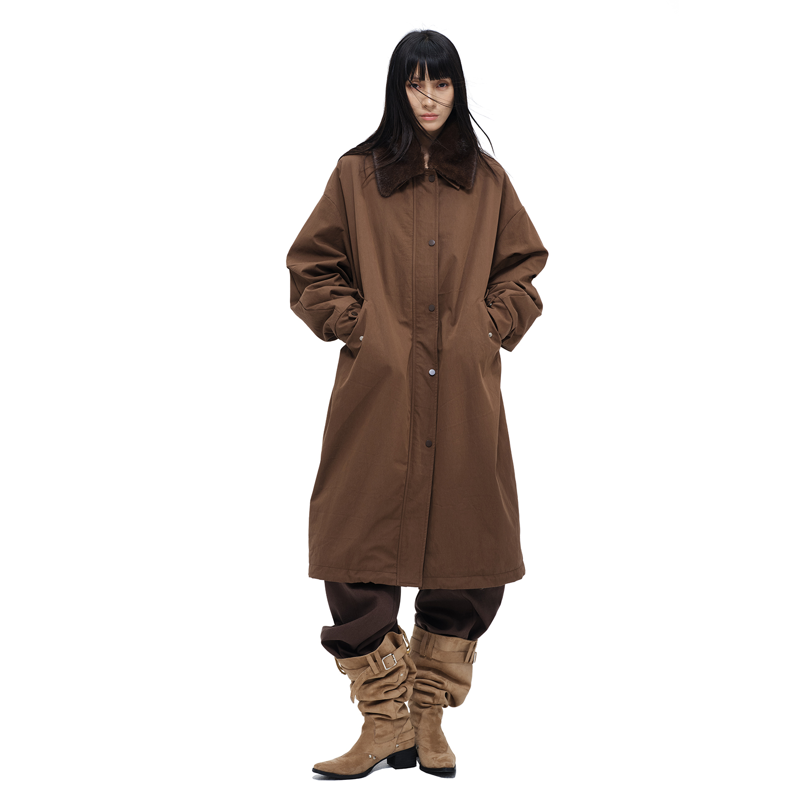 毛领长款加绒加厚保暖中长可收腰风衣外套毛领可拆卸