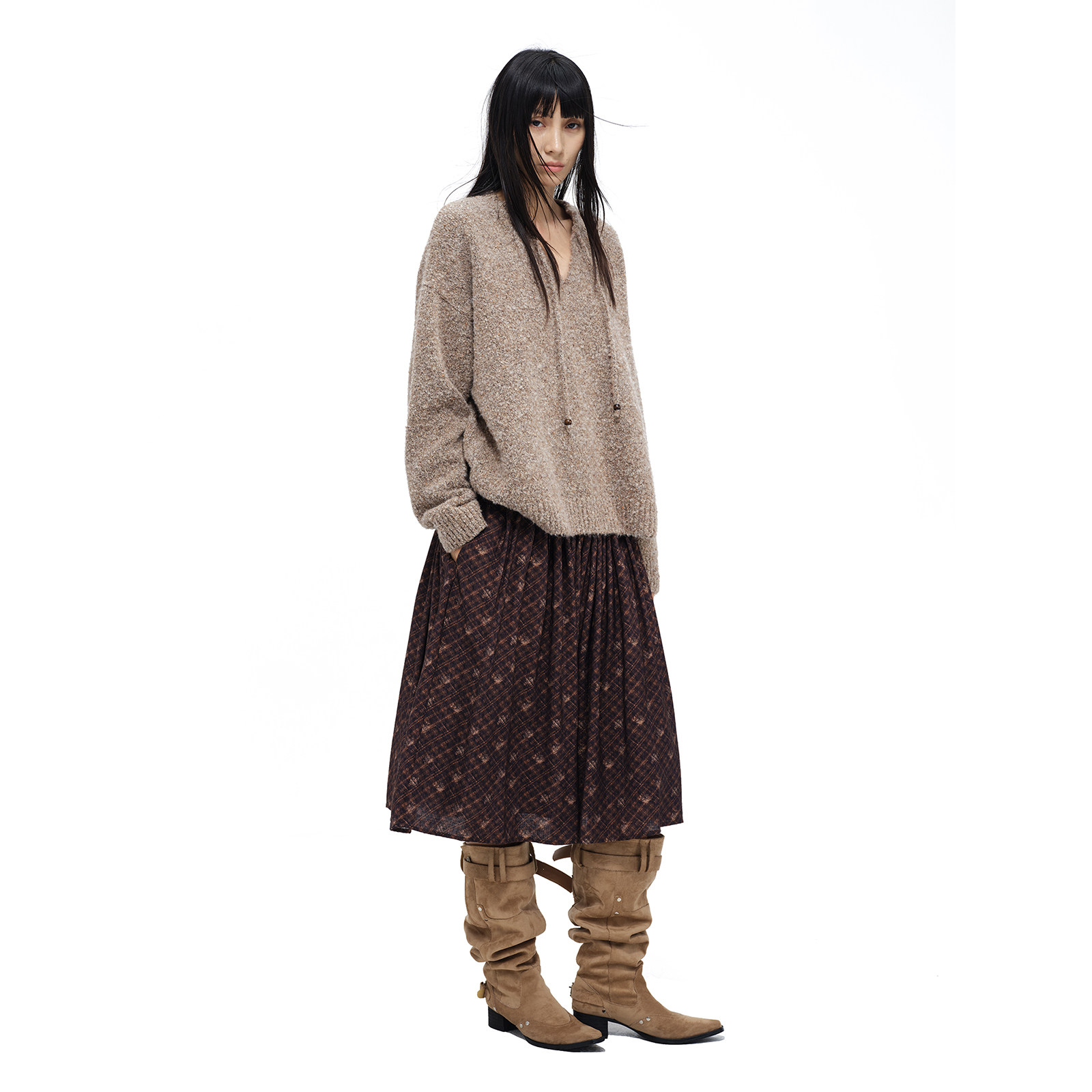 COINROVA格纹花朵印花抽褶a字半身裙长裙秋冬梨型身材遮胯