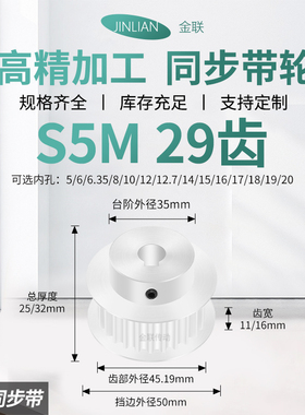 同步轮S5M29齿宽11/16BF内孔5 6 8 10 129传动装置皮带轮同步带轮