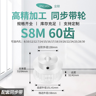 同步轮S8M60齿宽32/42内孔14 15 16 17 18传动装置皮带轮同步带轮