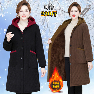 特体大码妈妈冬装灯芯绒加绒加厚棉衣外套中老年女装条绒连帽棉服