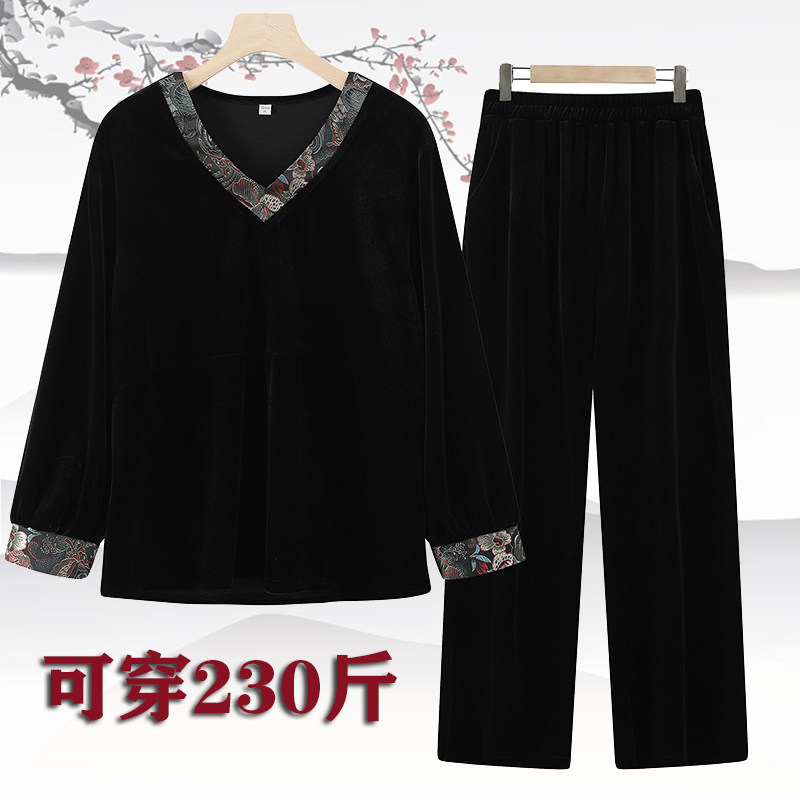 特体胖妈妈春装V领金丝绒套装中老年女装加大码长袖打底衫两件套