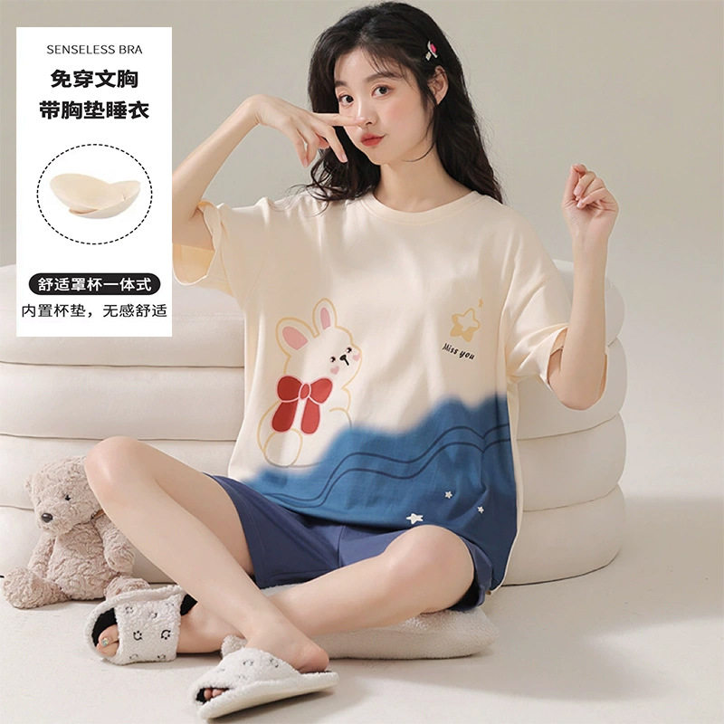 夏季带胸垫睡衣女2025年新款高颜值学生印花家居服短袖套装夏薄款