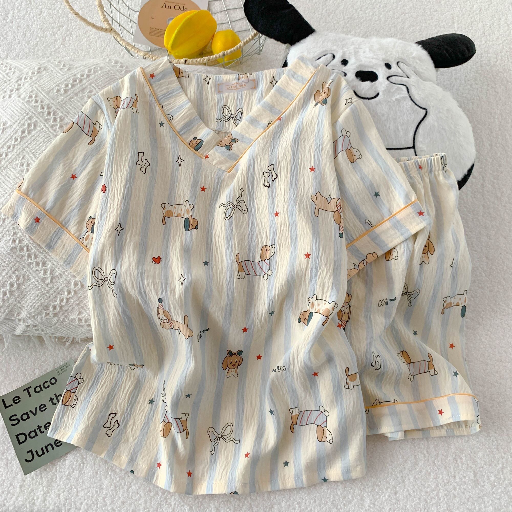 甜美睡衣夏季云朵棉短袖短裤少女V领睡衣可外穿家居服套装夏季女