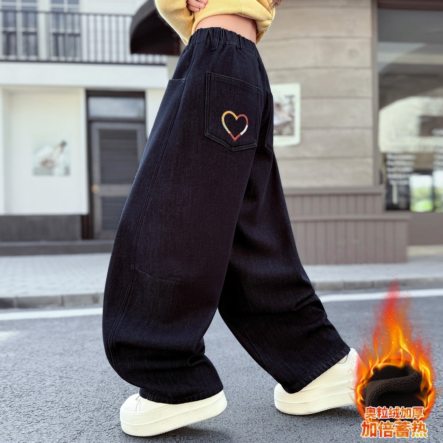 女童加绒裤子一体绒牛仔弯刀裤