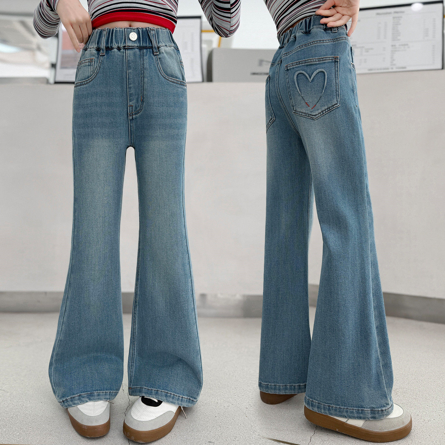 女童裤子春秋洋气压花爱心修身弹力微喇叭长裤2026新款儿童牛仔裤,童装/婴儿装/亲子装,裤子,淘宝优惠券,粉丝福利购,淘宝优惠卷