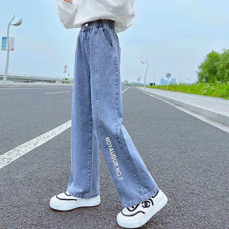 女童裤子儿童洋气牛仔阔腿长裤