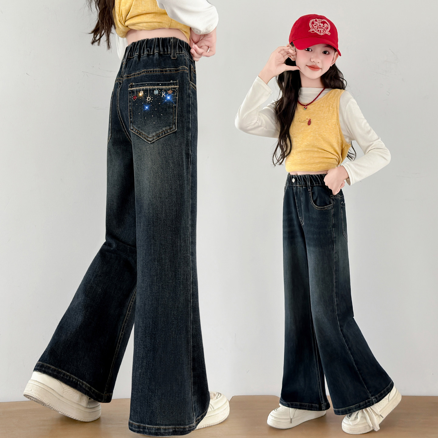 女童裤子春秋洋气刺绣牛仔微喇裤图片
