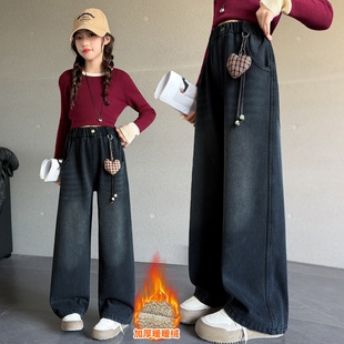 女童加厚绒裤子羊驼绒一条过冬直筒裤大儿童冬季一体绒牛仔阔腿裤