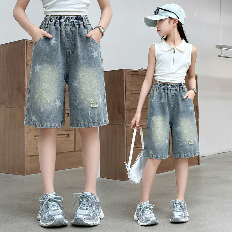 女童夏季牛仔短裤2026新款洋气女孩破洞中裤中小学生夏天五分裤子