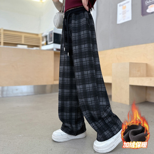女童冬季加绒裤子2025新款冬装大童时尚休闲格子裤儿童阔腿裤秋冬