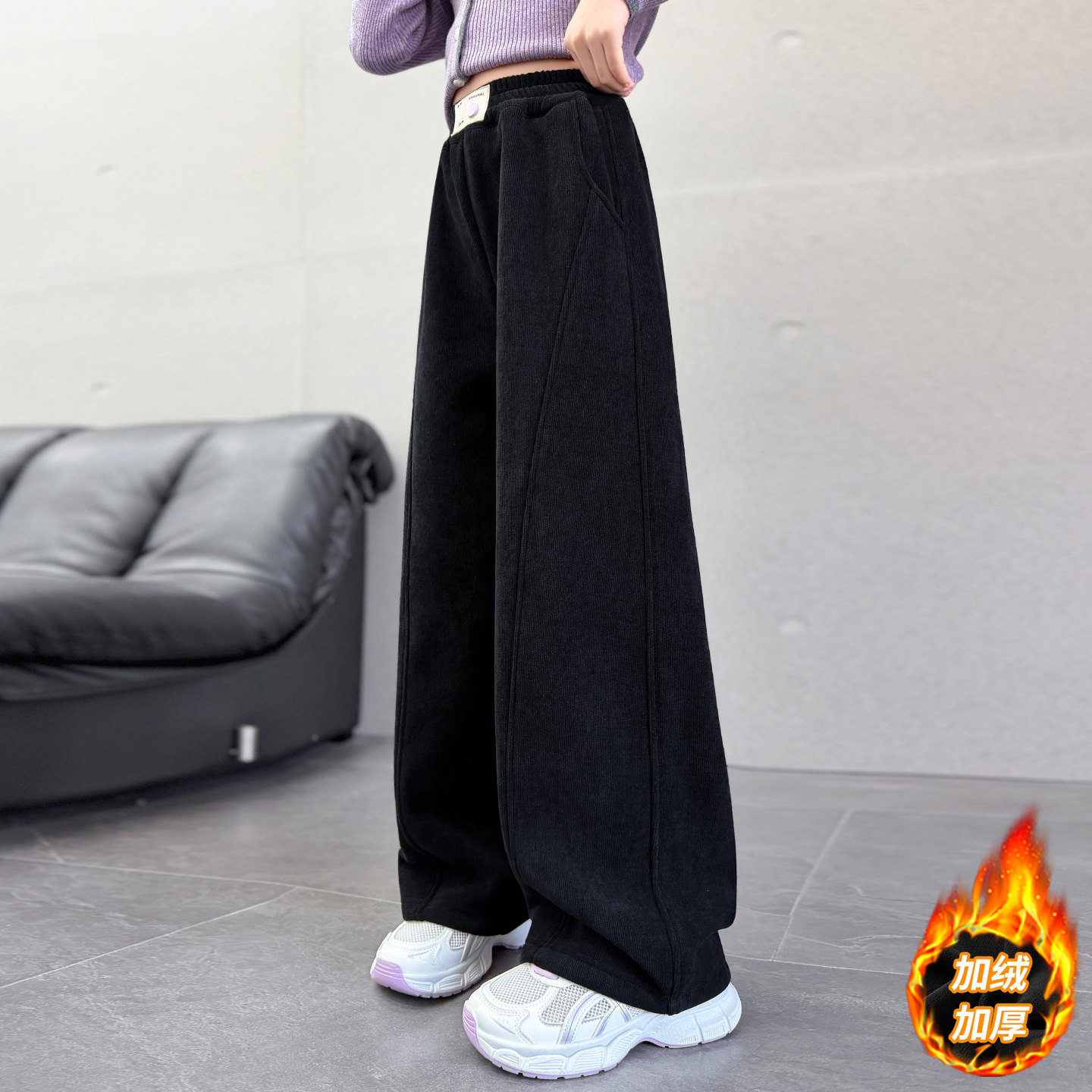 女童加厚绒裤子一体绒条绒阔腿裤