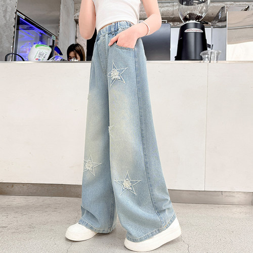 女童牛仔裤夏季薄款刺绣星星阔腿