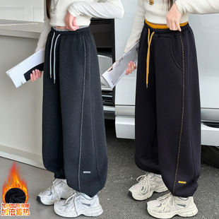 女童加绒裤子一体绒卫裤2025新款秋冬女孩学生刺绣儿童束脚运动裤