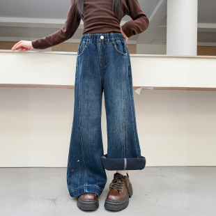 女童加绒裤子大童秋冬装韩版时尚网红拼接微喇裤儿童一体绒牛仔裤