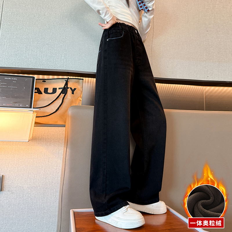 女童加绒裤子时尚牛仔阔腿裤秋冬