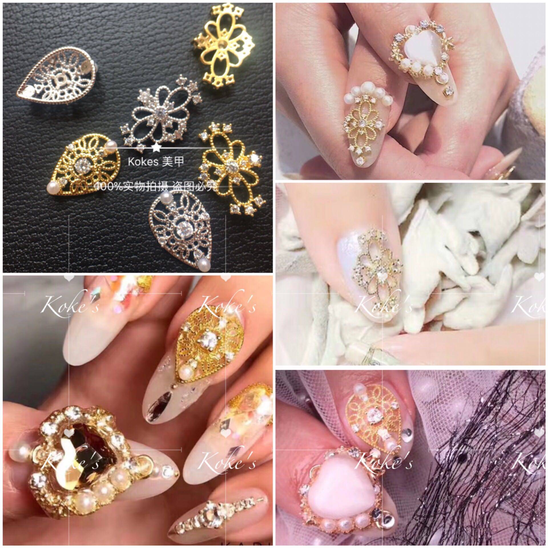 kokes美甲合金饰品 锆石珍珠镶嵌镂空水滴花朵图腾带弧度贴合指甲