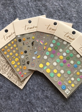 新工艺tomoni带背胶美甲贴纸彩色黄色圆脸笑脸黑色简笔表情包甲贴