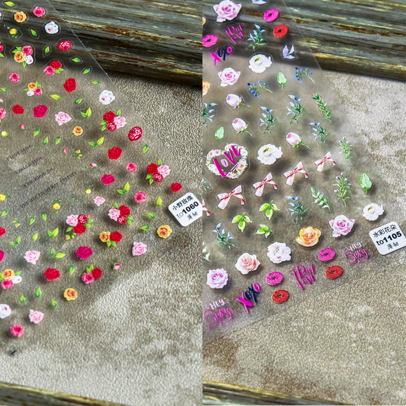 新工艺tomoni薄韧带背胶美甲贴纸水彩花朵粉色蝴蝶结飘带小野玫瑰