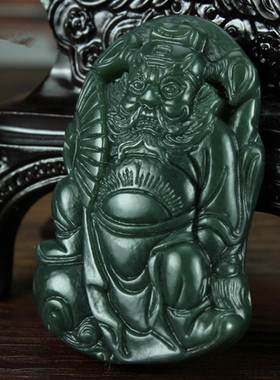 保真天然和田玉青玉钟馗吊坠男士款新款项链玉坠挂件带证书包邮