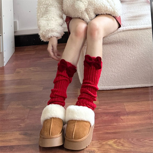 丝绒蝴蝶结新年袜套针织条纹腿套