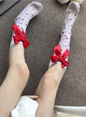圣诞甜心高筒丝袜爱心图案红色蝴蝶结超薄美腿长筒过膝袜长筒袜女
